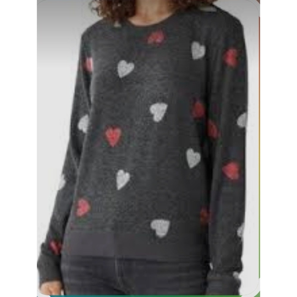 Lucky Brand Cloud Soft Heart Print Pullover Sweatshirt Gray Red Silver Large NWT